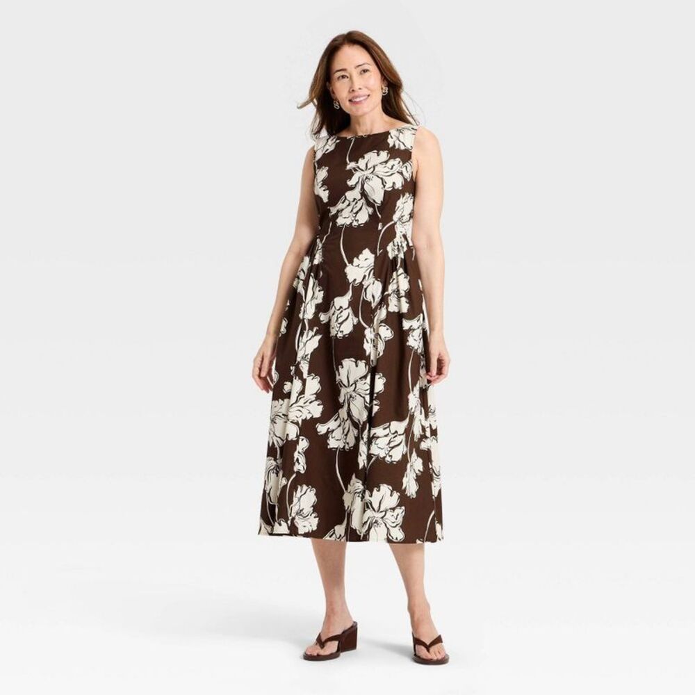 Women's Corset Midi A-Line Dress - A New Day Brown Floral S